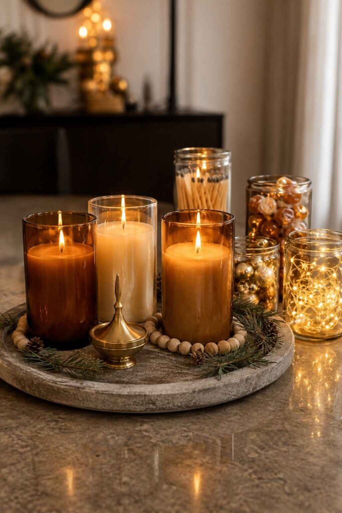 Top 17 Christmas Candles for Cozy Home Decor Ideas 7 Advent candle arrangement beside reused glass candle jars filled with holiday accents