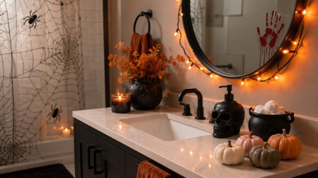 Creative 24 Bathroom Halloween Decor Ideas to Transform Your Space This Spooky Season 7 Bathroom styled with Halloween decor ideas including skull soap dispenser, mini pumpkins, and spiderweb shower curtain