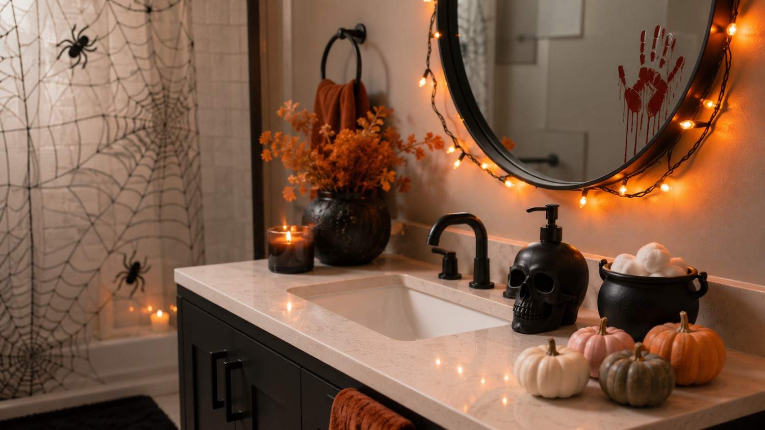 Bathroom styled with Halloween decor ideas including skull soap dispenser, mini pumpkins, and spiderweb shower curtain