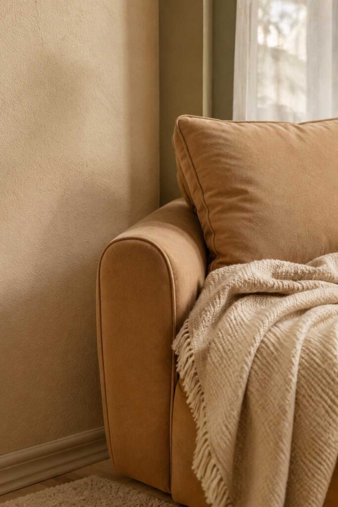 12 Luxury Beige Living Room Ideas for a Timeless, High-End Look 2 Three layered beige tones on wall, sofa, and throw in a neutral living room