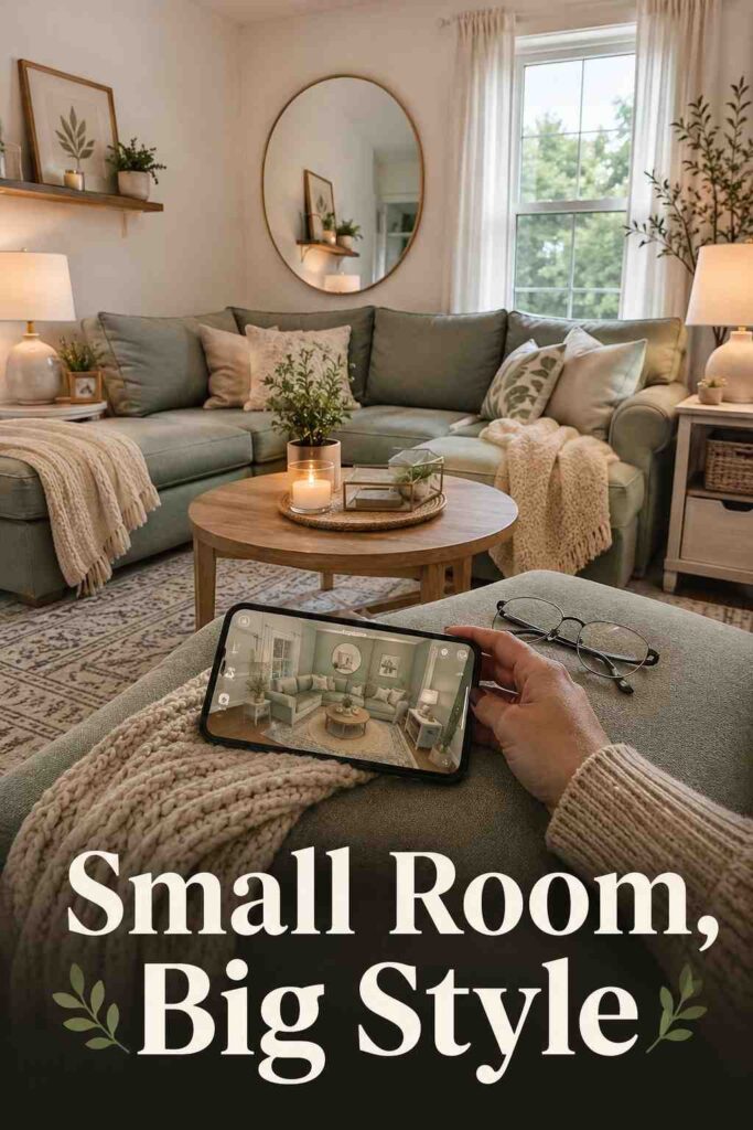 Refreshing 21 Bloxburg Living Room Design Ideas for Every Style and Budget 4 A small living room with an L-shaped sofa and a large mirror to make the space feel bigger, one of several budget-friendly Bloxburg living room design ideas.