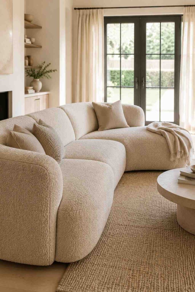 12 Luxury Beige Living Room Ideas for a Timeless, High-End Look 3 Rounded bouclé sectional sofa in a neutral living room