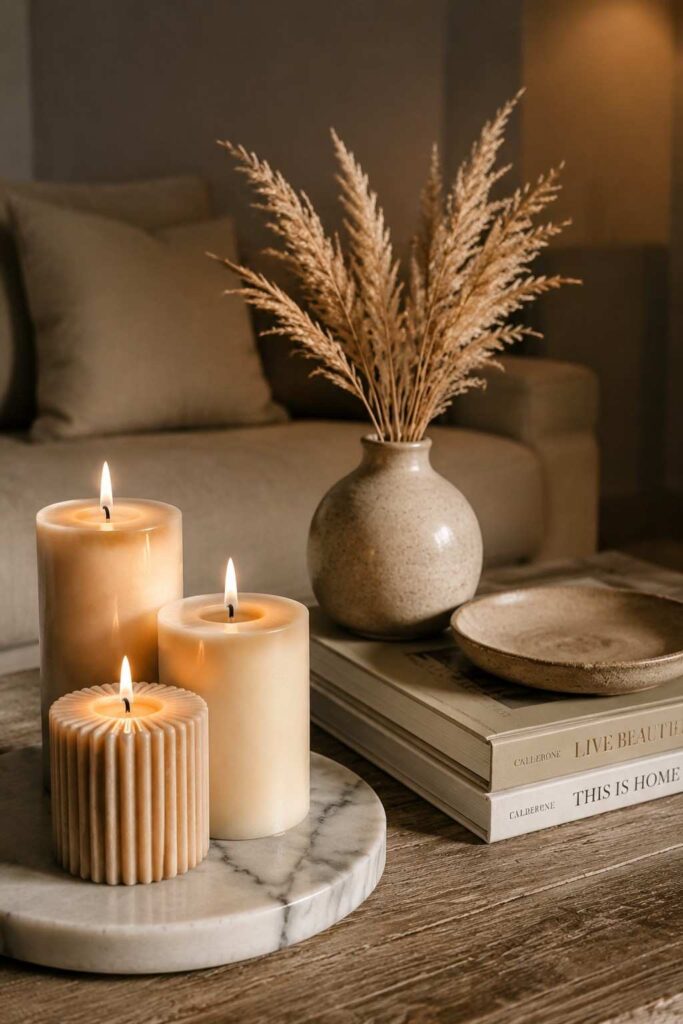 21 Cheap Home Decor Ideas That Look Expensive (A Room-by-Room Guide) 2 Grouped candle and tray styling for affordable living room decor