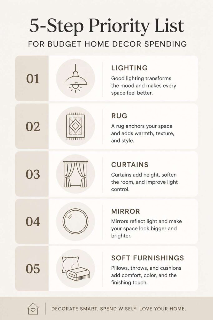 21 Cheap Home Decor Ideas That Look Expensive (A Room-by-Room Guide) 7 Infographic showing budget order for cheap home decor ideas