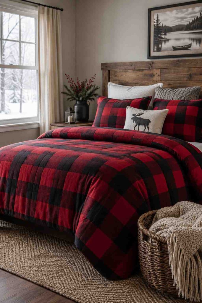 Top 9 Cozy Christmas Bedding Set Ideas to Transform Your Bedroom This Holiday Season 3 Buffalo check plaid Christmas bedding set in a farmhouse-style bedroom