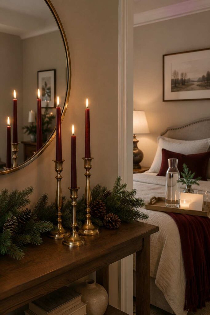 Top 17 Christmas Candles for Cozy Home Decor Ideas 6 Burgundy Christmas tapers reflected in a mirror beside a welcoming guest-room candle tray