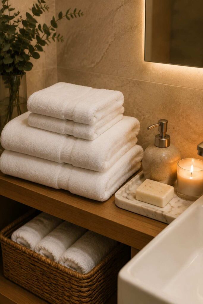 21 Cheap Home Decor Ideas That Look Expensive (A Room-by-Room Guide) 5 Spa-style bathroom decor using budget white towels and tray styling
