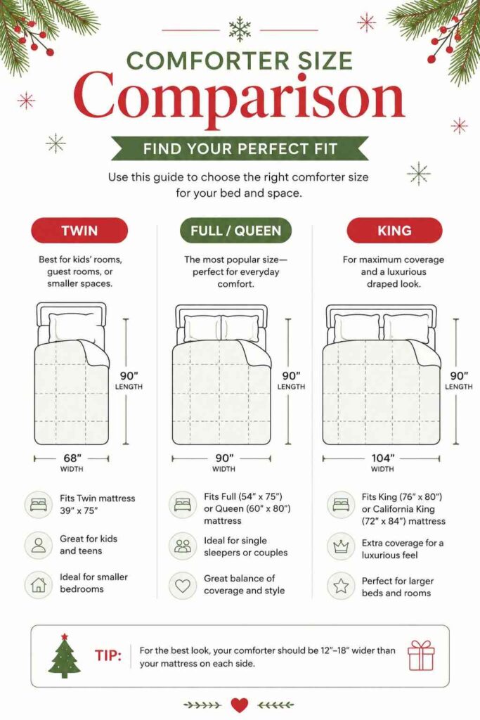 Top 9 Cozy Christmas Bedding Set Ideas to Transform Your Bedroom This Holiday Season 6 Christmas bedding size guide showing Twin, Full/Queen, and King comforter dimensions