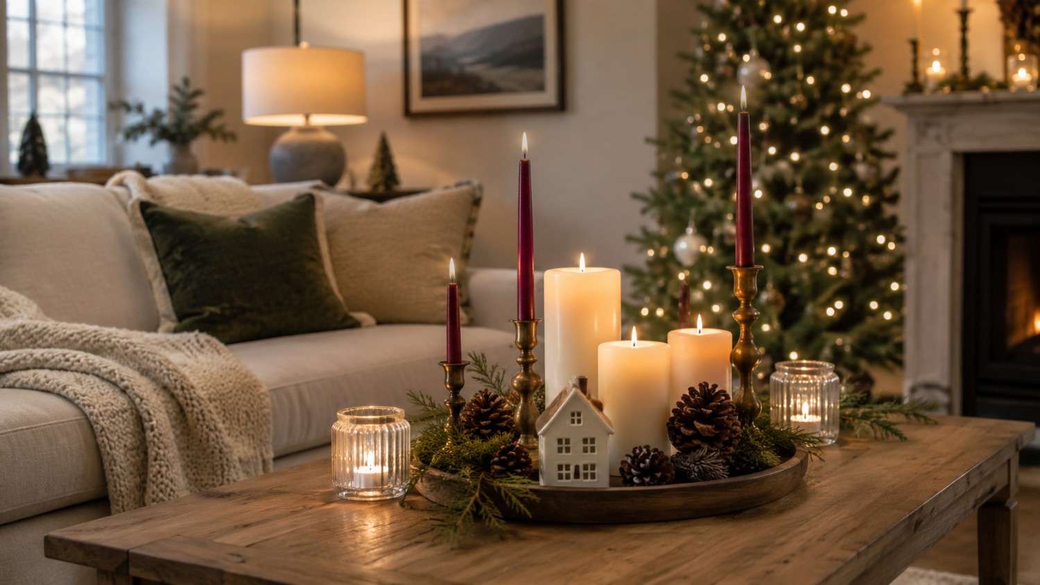 Christmas candles for cozy home decor arranged with brass tapers, ivory pillars, and evergreen accents