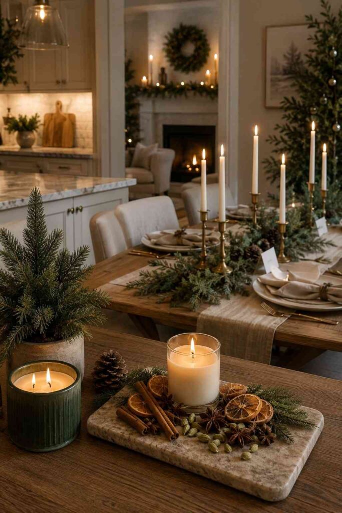Top 17 Christmas Candles for Cozy Home Decor Ideas 4 Forest-scented candle, citrus spice vignette, and unscented Christmas dining tapers