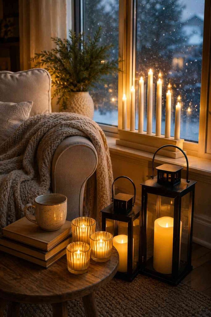 Top 17 Christmas Candles for Cozy Home Decor Ideas 5 Flameless window candles, indoor lanterns, and a cozy Christmas reading nook