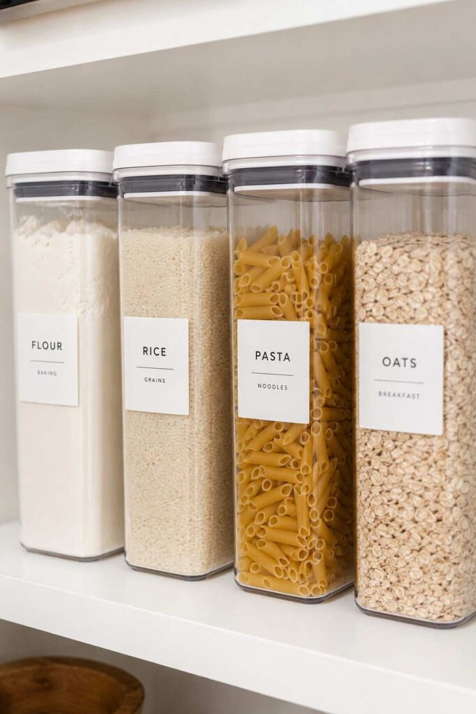 Top 26 Pantry Organization Ideas to Transform Your Kitchen Storage in 2026 4 Clear airtight containers labeled for flour, rice, pasta, and oats