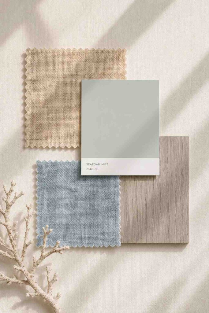 9 Coastal Bedroom Ideas for a Calm, Sunlit Retreat You'll Never Want to Leave 3 Coastal bedroom color palette swatches in sandy beige, seafoam, and driftwood gray