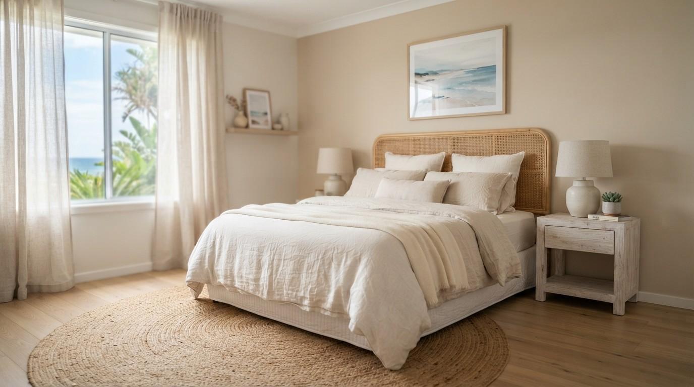 Coastal bedroom with linen bedding, rattan headboard, and natural light
