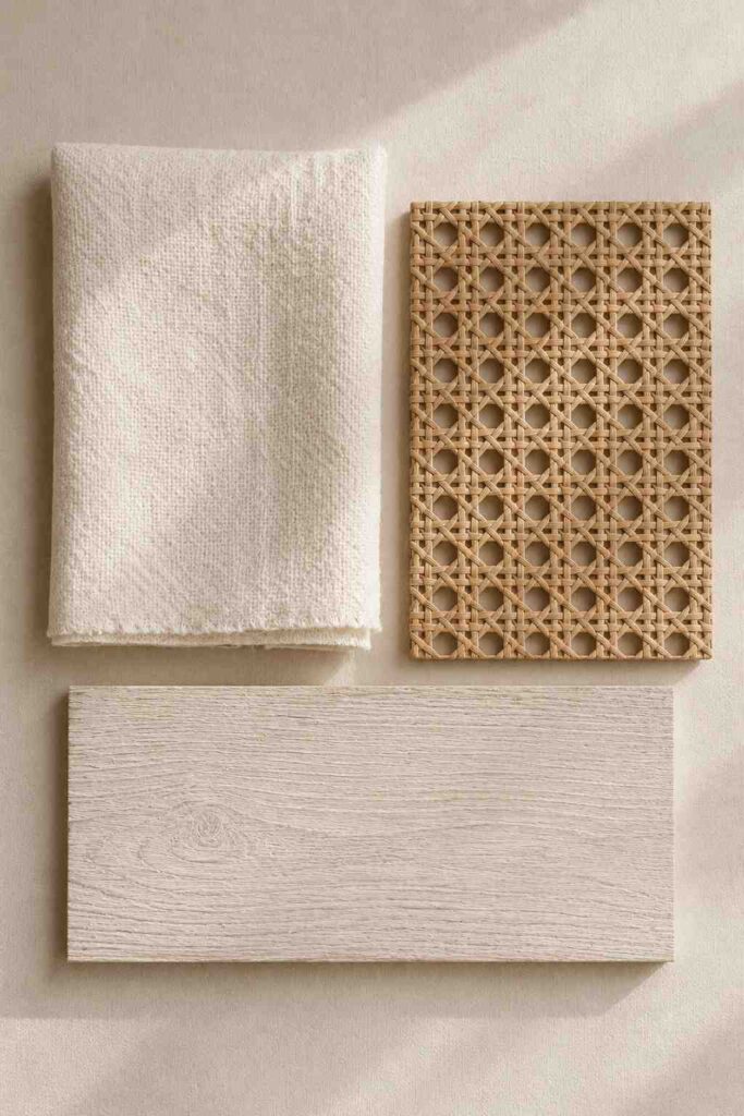 9 Coastal Bedroom Ideas for a Calm, Sunlit Retreat You'll Never Want to Leave 5 Linen, rattan, and pale wood material samples used in coastal bedroom design
