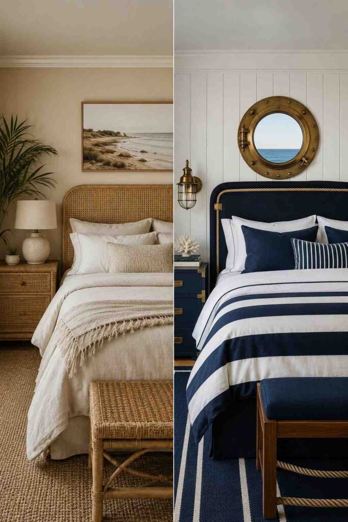 9 Coastal Bedroom Ideas for a Calm, Sunlit Retreat You'll Never Want to Leave 2 Side-by-side comparison of coastal and nautical bedroom color palettes