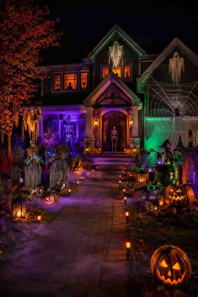 Top 20 Spooky Halloween Outdoor Ideas to Transform Your Yard This Fall 8 Complete outdoor haunted-house display with graveyard, skeletons, pumpkins, ghosts, and lighting