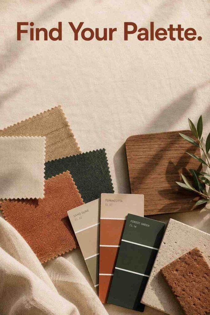 Trendy 24 Contemporary Living Room Designs to Transform Your Space in 2026 2 A flat-lay of paint swatches and fabric samples used for planning a living room color palette.