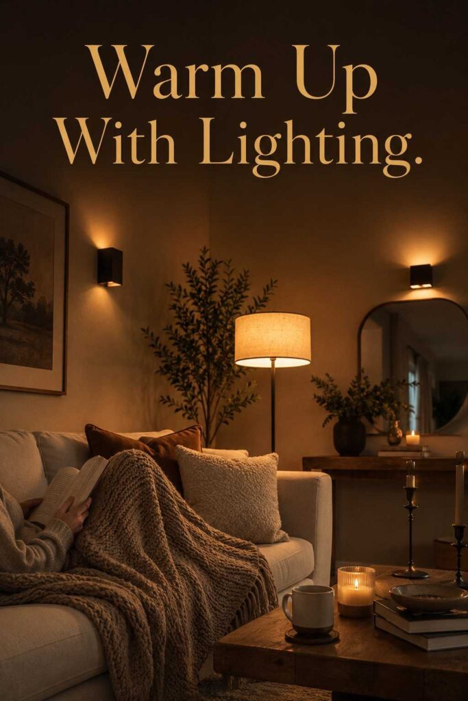 Trendy 24 Contemporary Living Room Designs to Transform Your Space in 2026 3 A cozy contemporary living room lit warmly by a floor lamp and wall sconces in the evening.