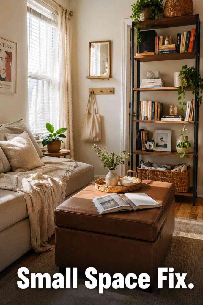 Trendy 24 Contemporary Living Room Designs to Transform Your Space in 2026 5 A small living room corner using tall shelving and a storage ottoman to maximize space.