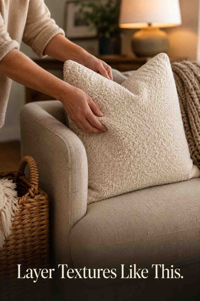 Trendy 24 Contemporary Living Room Designs to Transform Your Space in 2026 4 A pair of hands arranging a textured throw pillow on a neutral sofa in a cozy living room.