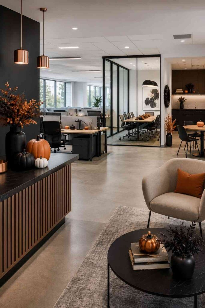 Top 22 Office Halloween Decorations for a Fun, Spooky Workplace 2 Coordinated Halloween office decor divided into reception, desk, and meeting zones