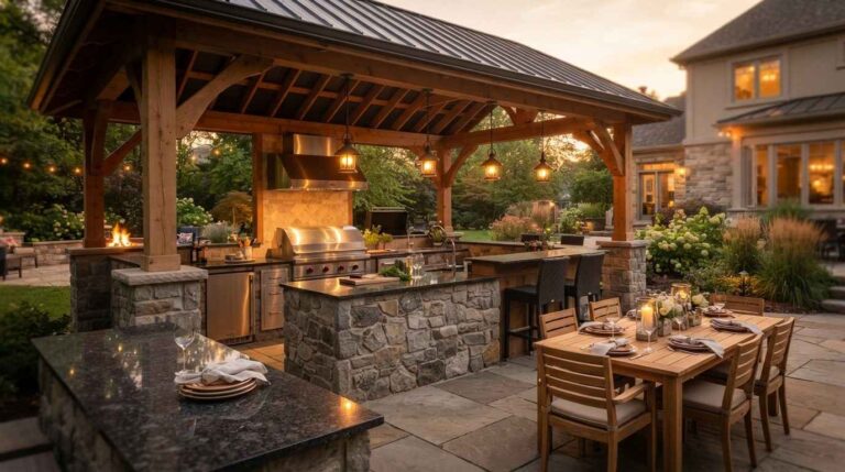 "Covered outdoor kitchen with pergola roof and stone island at sunset"