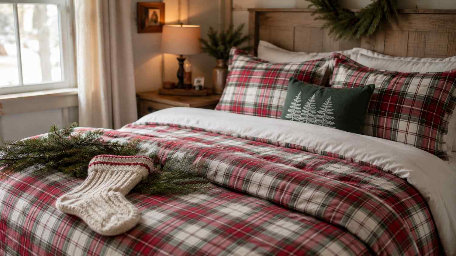 Cozy Christmas bedding set in red, white, and green flannel on a made bed