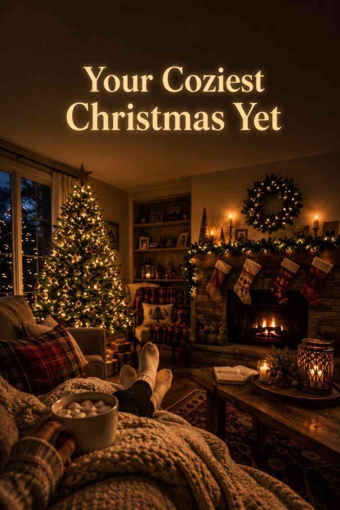 Effortless 23 Cozy Christmas Living Room Ideas to Warm Up Your Home This Holiday Season 5 A softly lit living room at dusk with string lights, candles, and a cozy blanket-draped sofa, styled for Christmas.