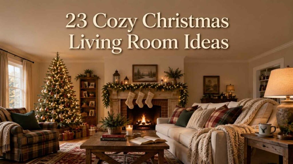Effortless 23 Cozy Christmas Living Room Ideas to Warm Up Your Home This Holiday Season 3 A living room decorated for Christmas with a lit tree, garland-draped mantel, and a sofa layered in cozy throws and pillows.