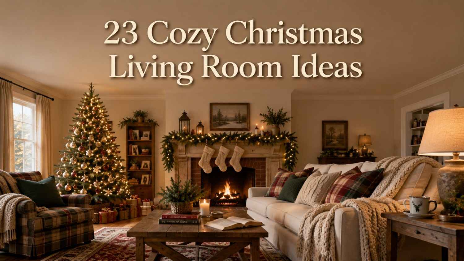 A living room decorated for Christmas with a lit tree, garland-draped mantel, and a sofa layered in cozy throws and pillows.