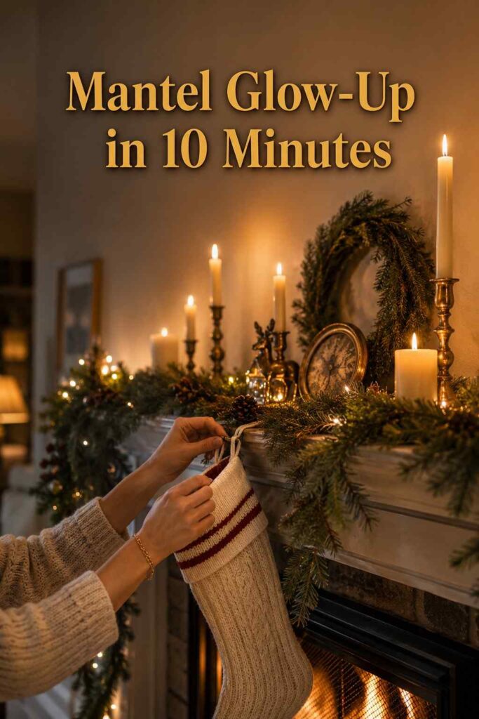 Effortless 23 Cozy Christmas Living Room Ideas to Warm Up Your Home This Holiday Season 2 Hands hanging a stocking on a garland-covered mantel lined with lit candles for a cozy Christmas living room look.