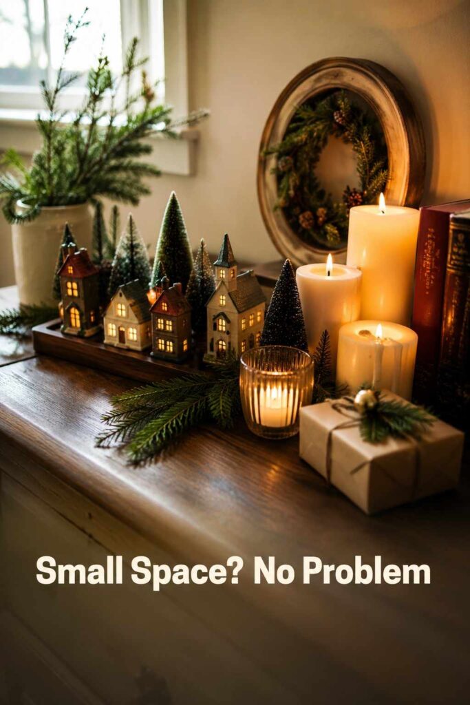 Effortless 23 Cozy Christmas Living Room Ideas to Warm Up Your Home This Holiday Season 4 A small tabletop Christmas village with candles and greenery styled for a cozy Christmas living room in a compact space.