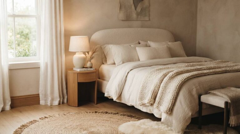 Cozy neutral bedroom with layered linen bedding, bouclé headboard, and warm oat-toned walls