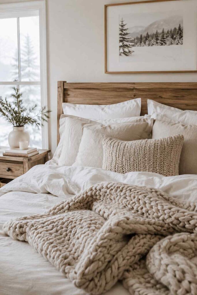 Top 10 Cozy White Winter Home Aesthetic Ideas to Transform Your Home This Season 4 Cozy white winter bedroom with layered knit blanket and linen bedding