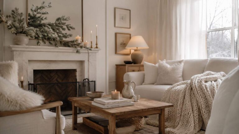 Cozy white winter home aesthetic living room with layered textures and warm lighting