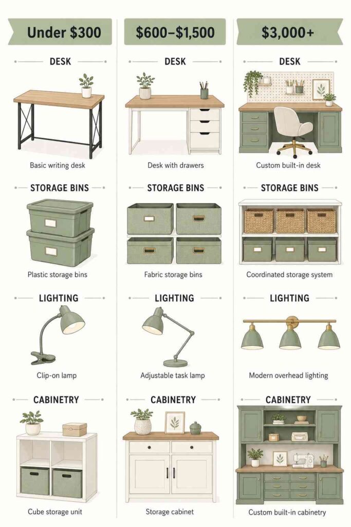 10 Craft Room Office Ideas That Blend Work and Creativity Beautifully 6 Infographic comparing budget, mid-range, and high-end craft room office setup costs