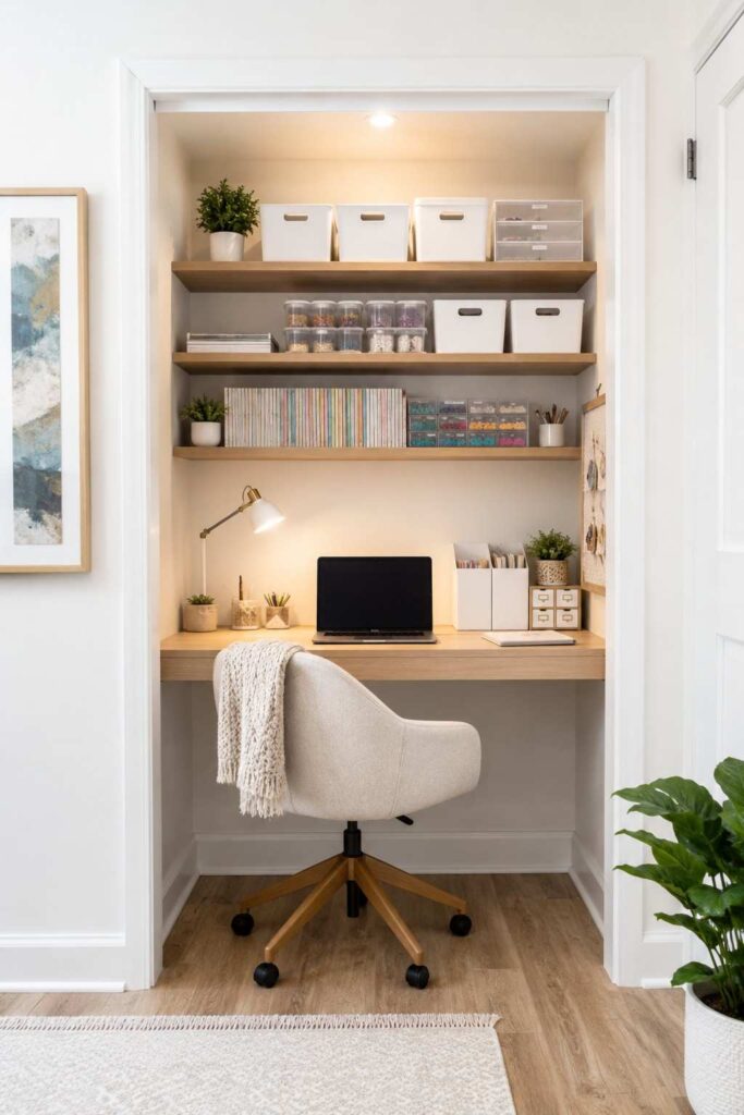 10 Craft Room Office Ideas That Blend Work and Creativity Beautifully 4 Small closet converted into a craft room office with a floating desk and shelving