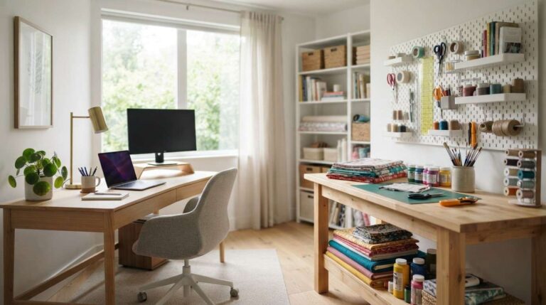 Craft room office combo with a desk zone and craft table in one bright room