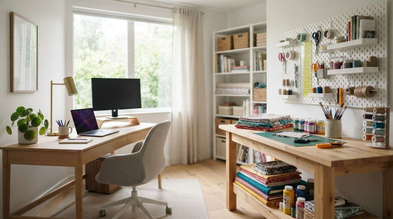 Craft room office combo with a desk zone and craft table in one bright room