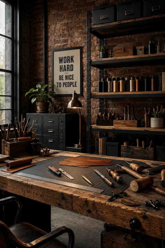10 Craft Room Office Ideas That Blend Work and Creativity Beautifully 5 Industrial-style craft room office with exposed brick and metal shelving