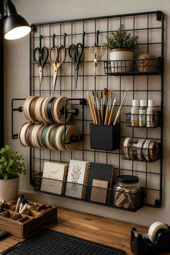 10 Craft Room Office Ideas That Blend Work and Creativity Beautifully 3 Vertical grid wall storage above a craft desk in a craft room office"
Vertical grid wall storage above a craft desk in a craft room office