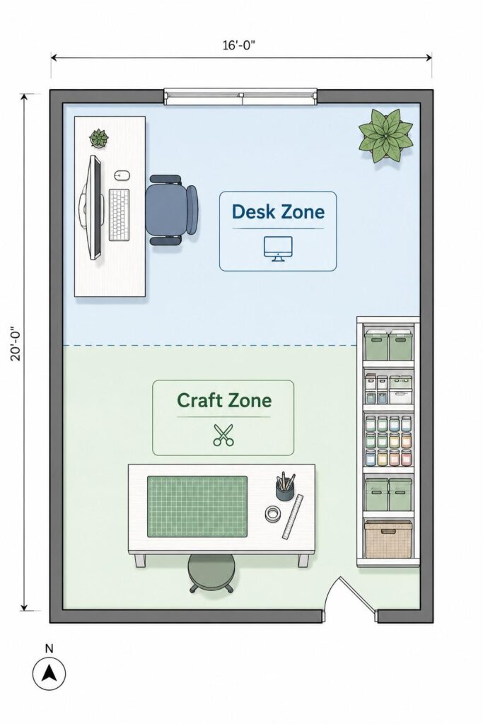 10 Craft Room Office Ideas That Blend Work and Creativity Beautifully 2 Floor plan showing desk zone and craft zone layout in a craft room office