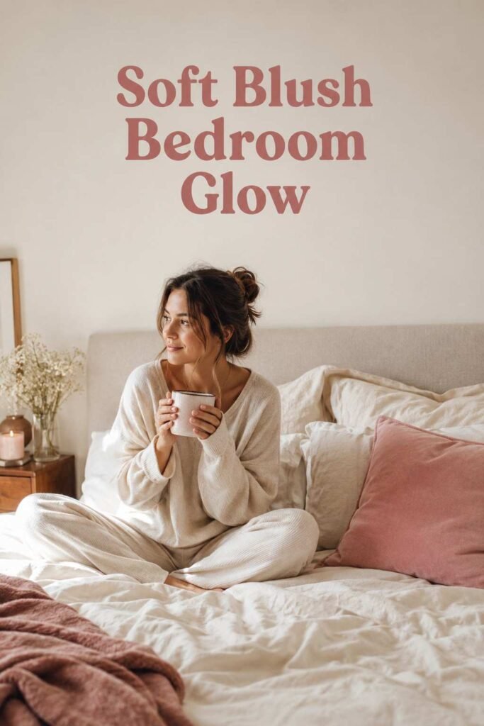 A woman sits cross-legged on an ivory bed holding a mug in a softly lit blush pink bedroom.