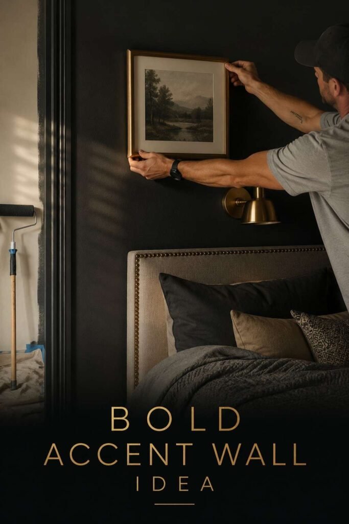 Hands hang a small framed art piece on a charcoal accent wall styled with gold decor details.