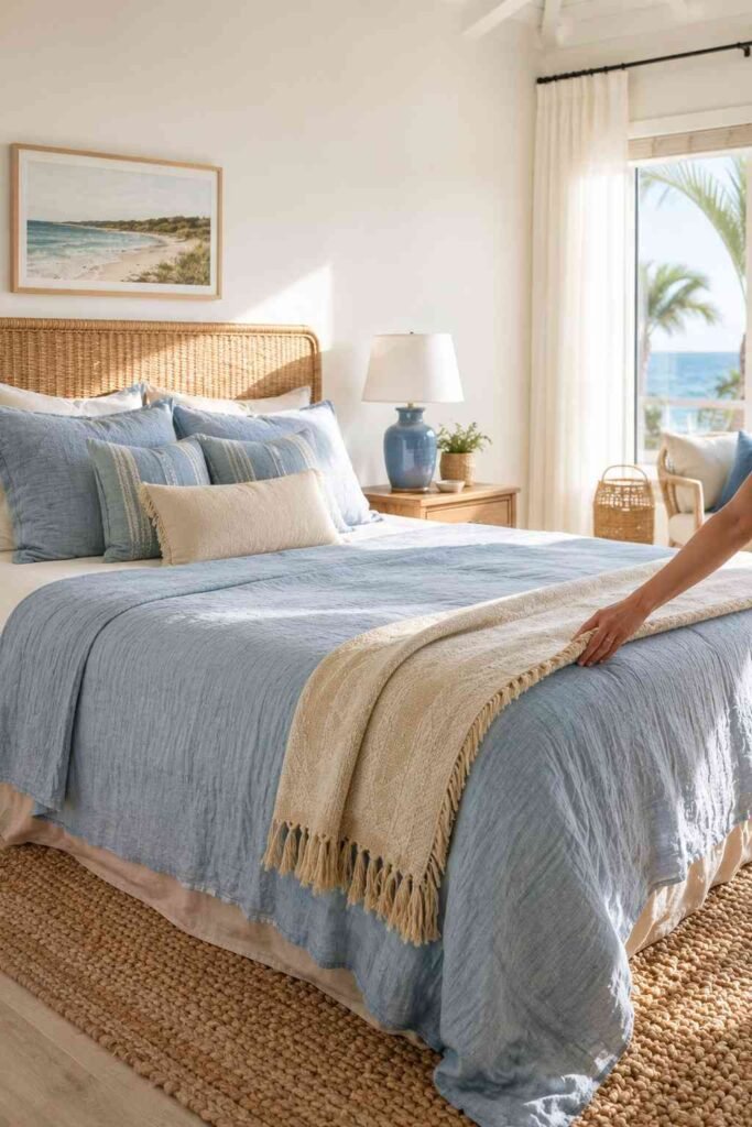 A hand adjusts a folded throw blanket at the foot of a coastal-inspired bedroom with blue and sand tones.