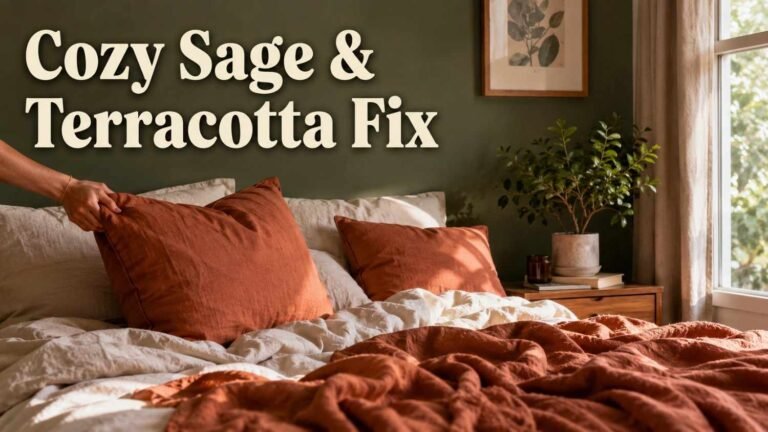 A hand fluffs a terracotta throw pillow on a bed in a sage green bedroom filled with soft morning light.