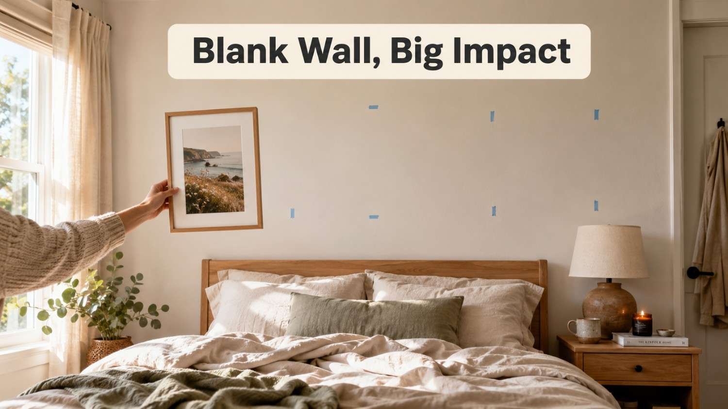 A hand holds a framed print above a bed while planning a creative bedroom wall decoration layout.