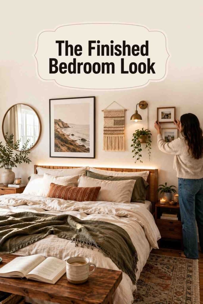 A cozy finished bedroom combines framed art, warm lighting, hanging greenery, a mirror, and personal keepsakes.