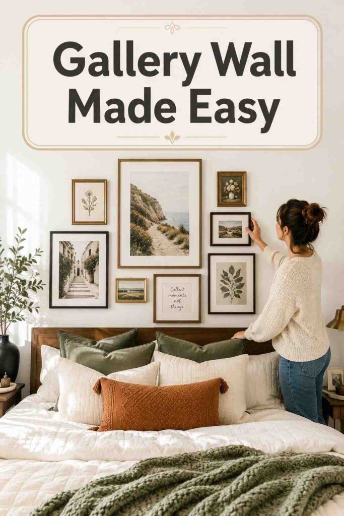 A styled bedroom features a gallery wall of mixed frames above the bed.